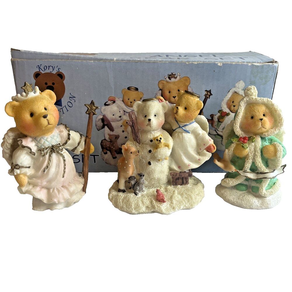 Vintage Christmas Angel Bears Figurines White Green Resin Set Of 3 Boxed 3 Inch